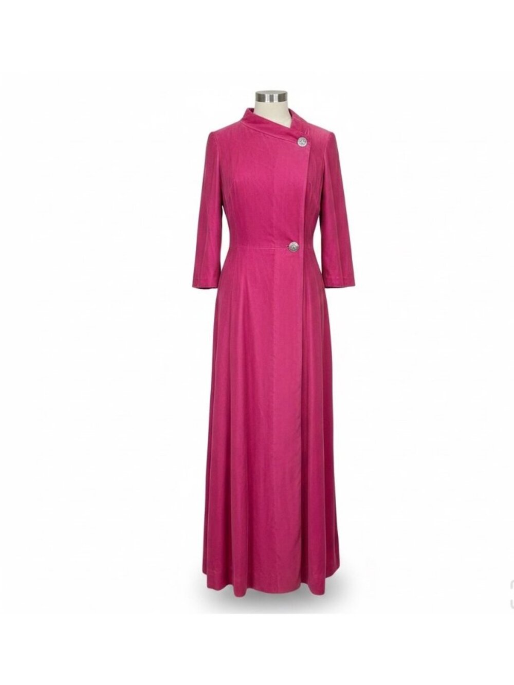 Vintage Womens Pink Velvet Long Sleeve Maxi Dress With Rhinestone Buttons